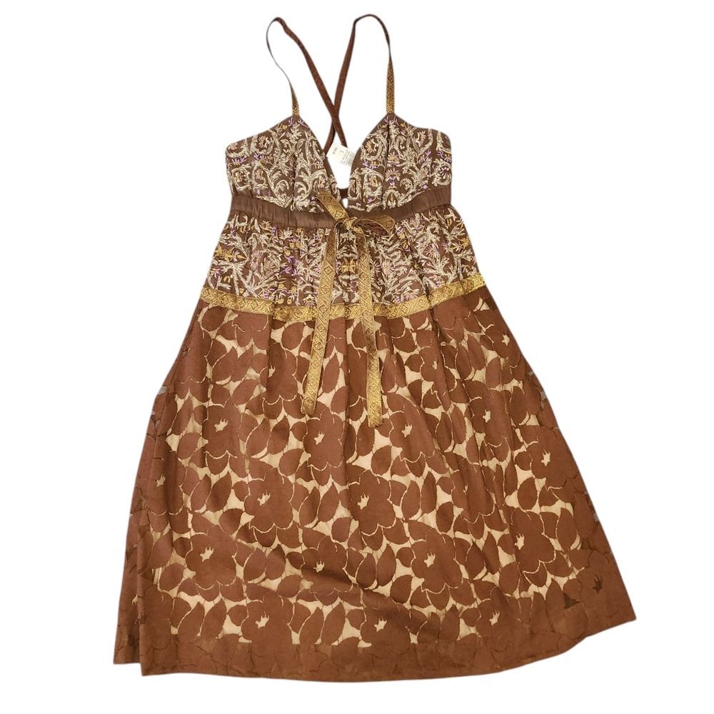 Plenty by Tracy Reese Brown Silk Lined Embroidered Babydoll Mini Dress. Sz. 4 - Picture 1 of 10